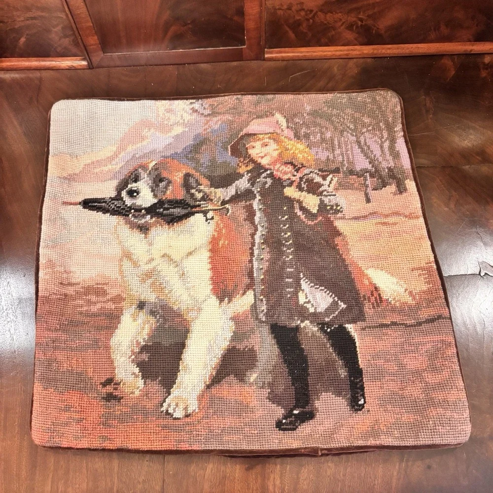 Needlepoint Pillow Cover Charles Burton Barber Off to School St Bernard 18